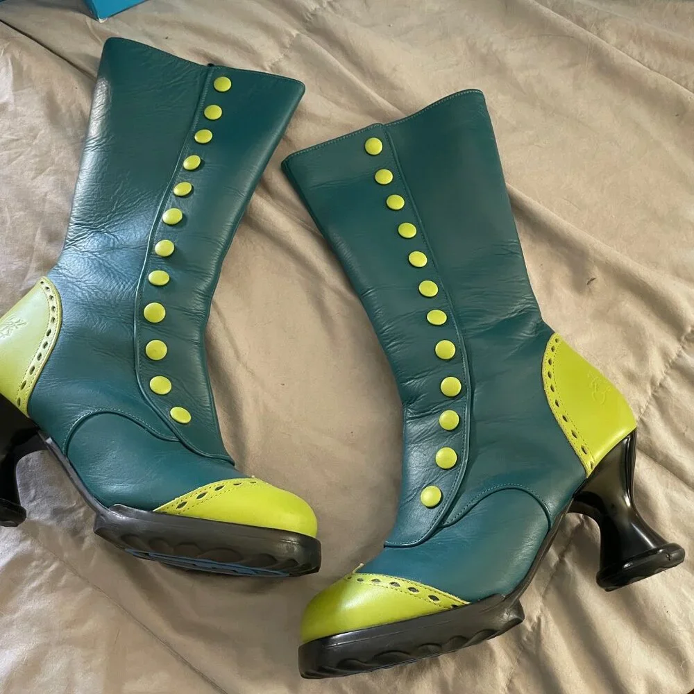 RARE Fluevog Babycakes Boots Turquoise Teal Green 7.5 Victorian Festival Retro - Picture 3 of 15